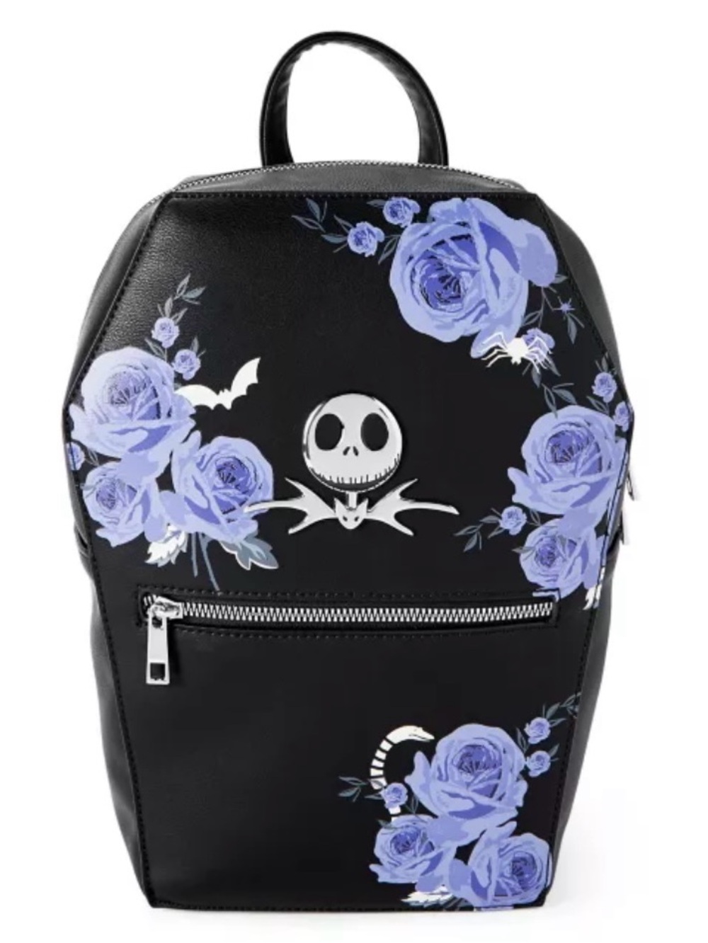 Black Floral Coffin Backpack with Silver Skull Accent
